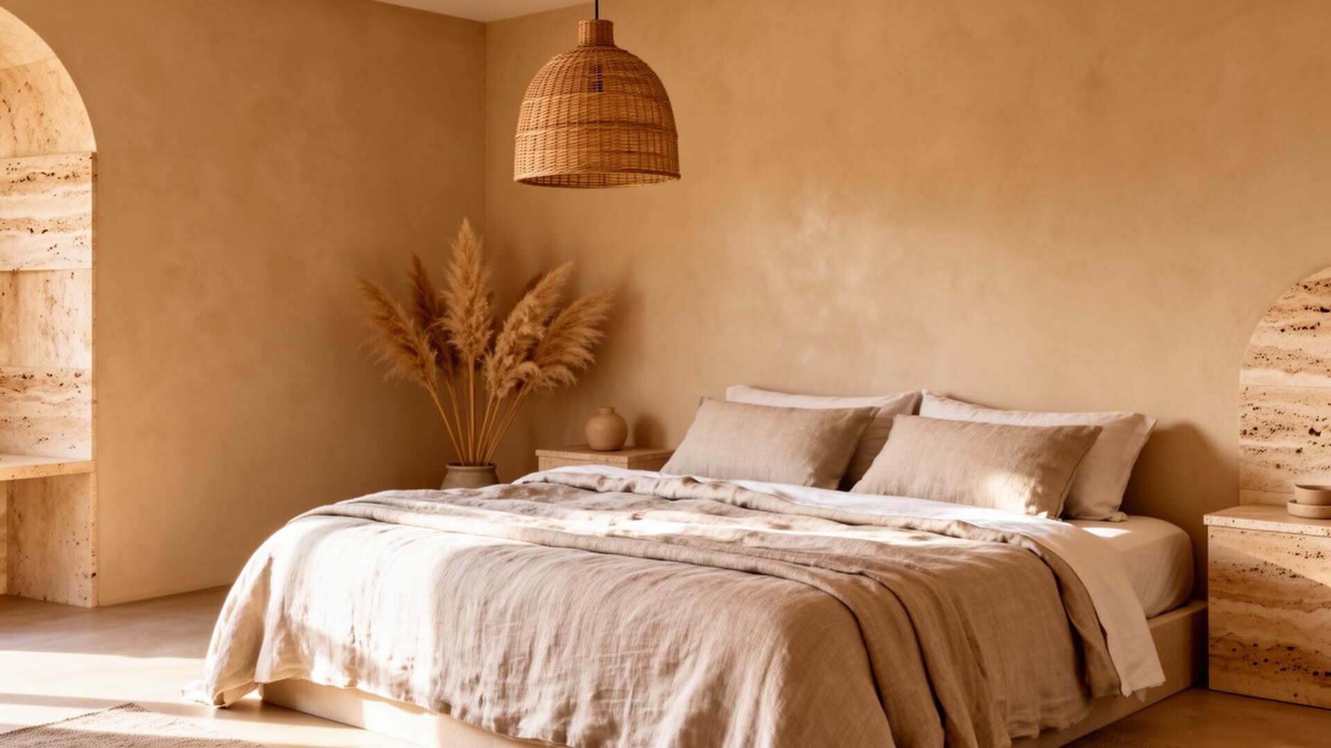 Hospitality-styled short-term rental suite with crisp white linens, rattan accents, and morning light through sheer drapes.