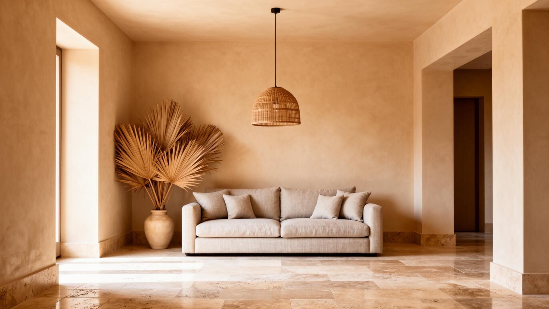 Sunlit upscale apartment lobby with travertine floors, linen-draped lounge seating, and freshly cleaned glass entry doors.