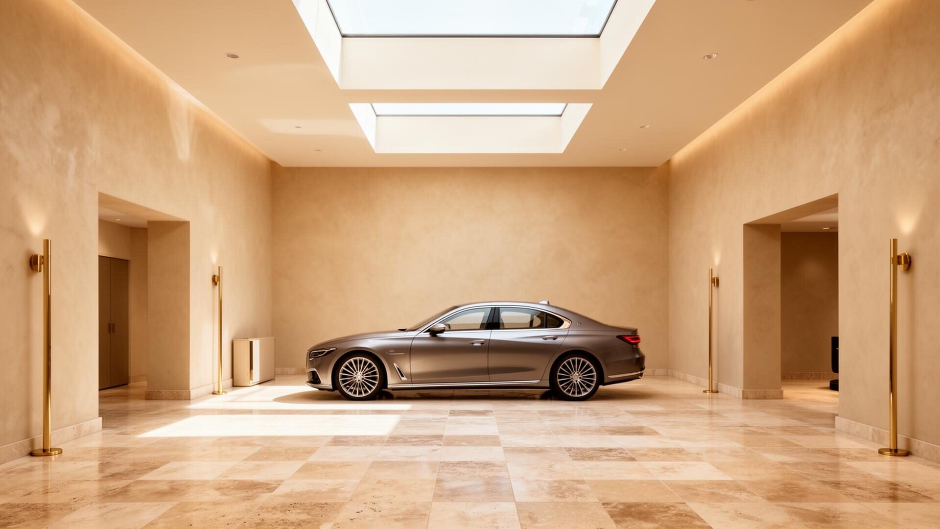 Polished luxury car dealership showroom with mirror-finish floors and brass-trimmed display lighting by Perfectly Taylored Cleaning.