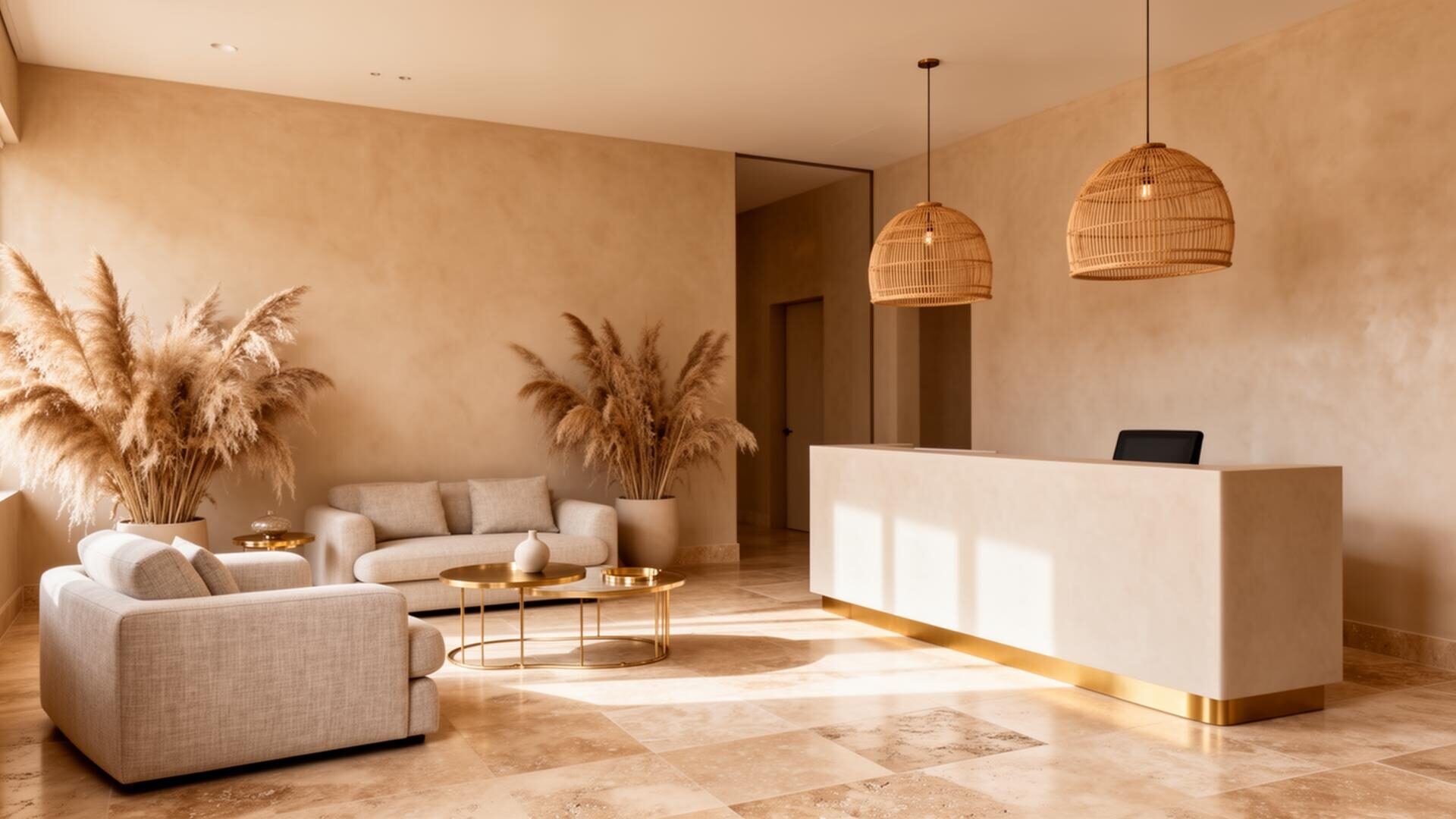Grade-A corporate lobby at dusk—polished stone floors, glass walls, and curated lounge seating after nightly cleaning service.